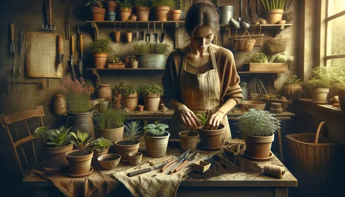 A female gardener repotting plants at a rustic workbench, capturing the essence of gardening with a focus on detail and care.