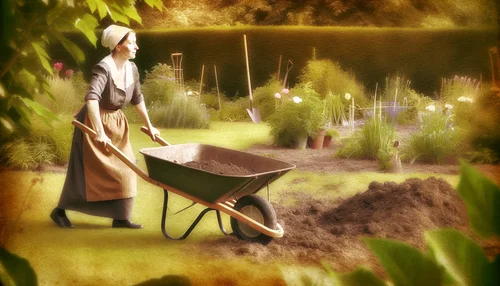 The vintage-style image of a female gardener pushing a wheelbarrow in the garden.